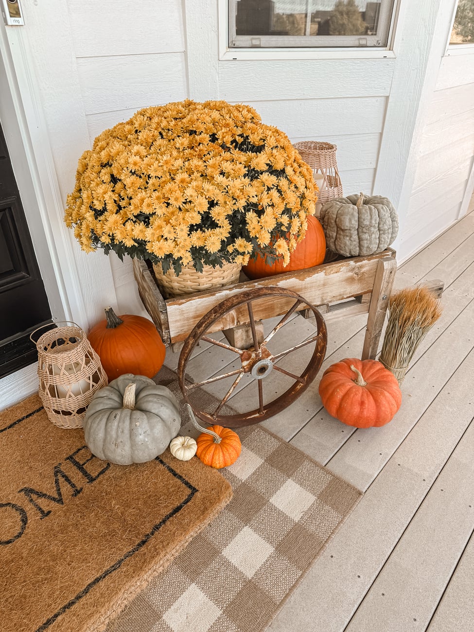 Fall Front Porch with Wagon. Fall porch idea with pumpkins and old wagon!