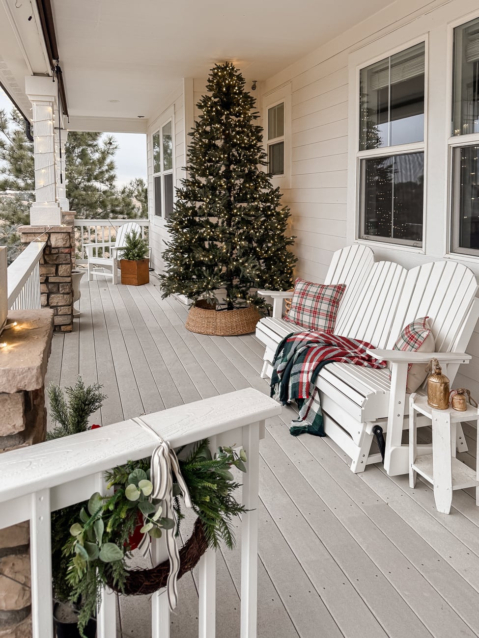 Cozy Farmhouse Christmas Porch. Modern farmhouse porch decorated for Christmas.