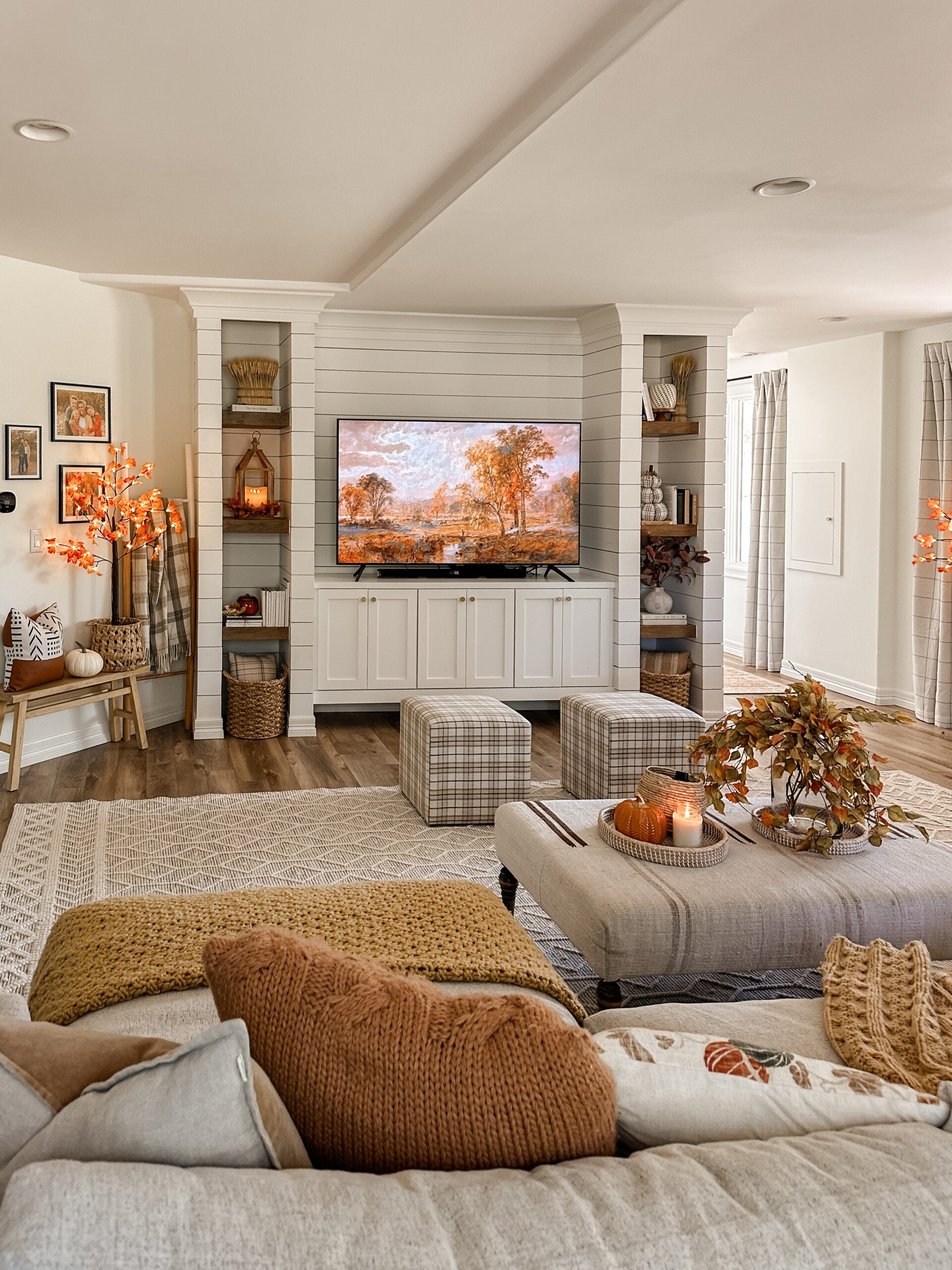 Fall living room decor idea. Sarah Joy basement decor for fall.