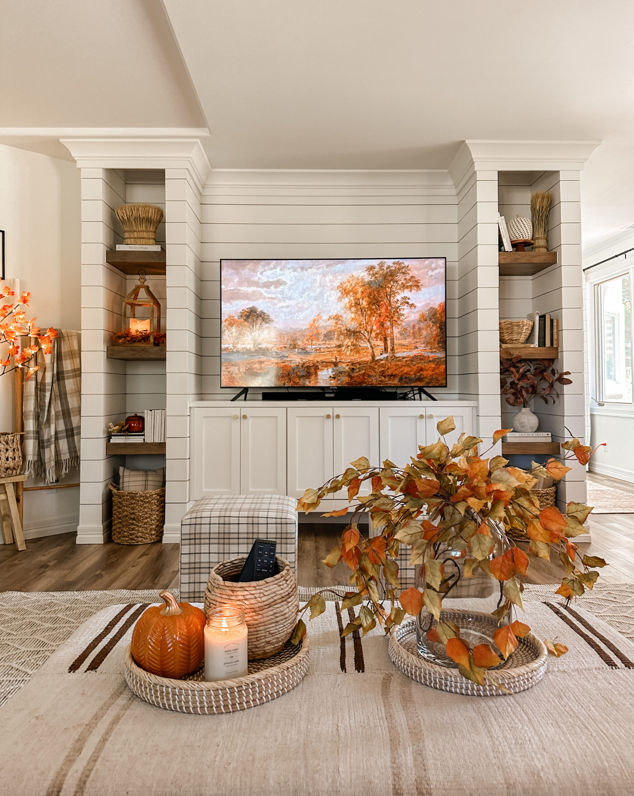 Fall living room decor idea. Sarah Joy basement decor for fall.
