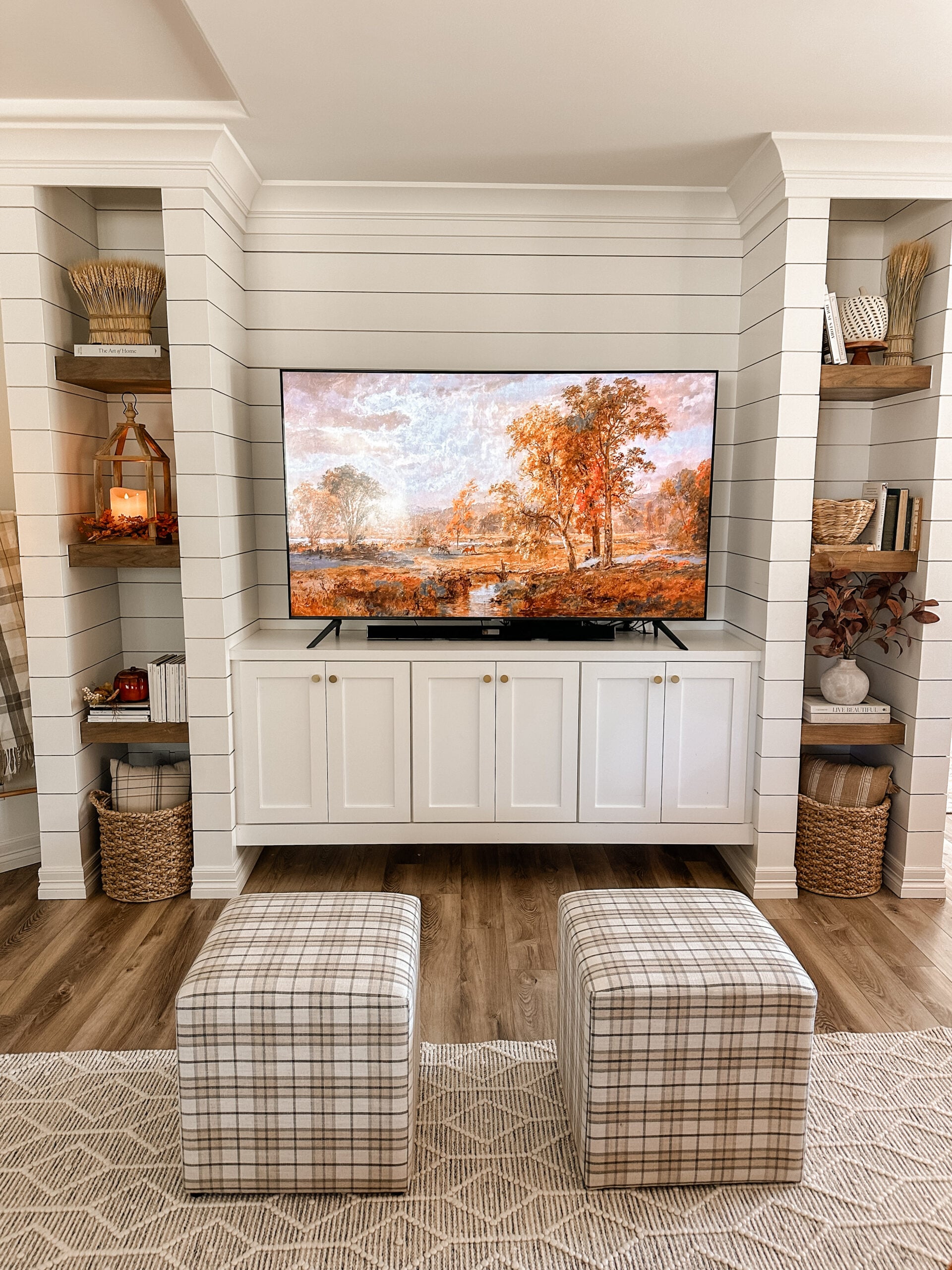 Fall living room decor idea. Sarah Joy basement decor for fall.