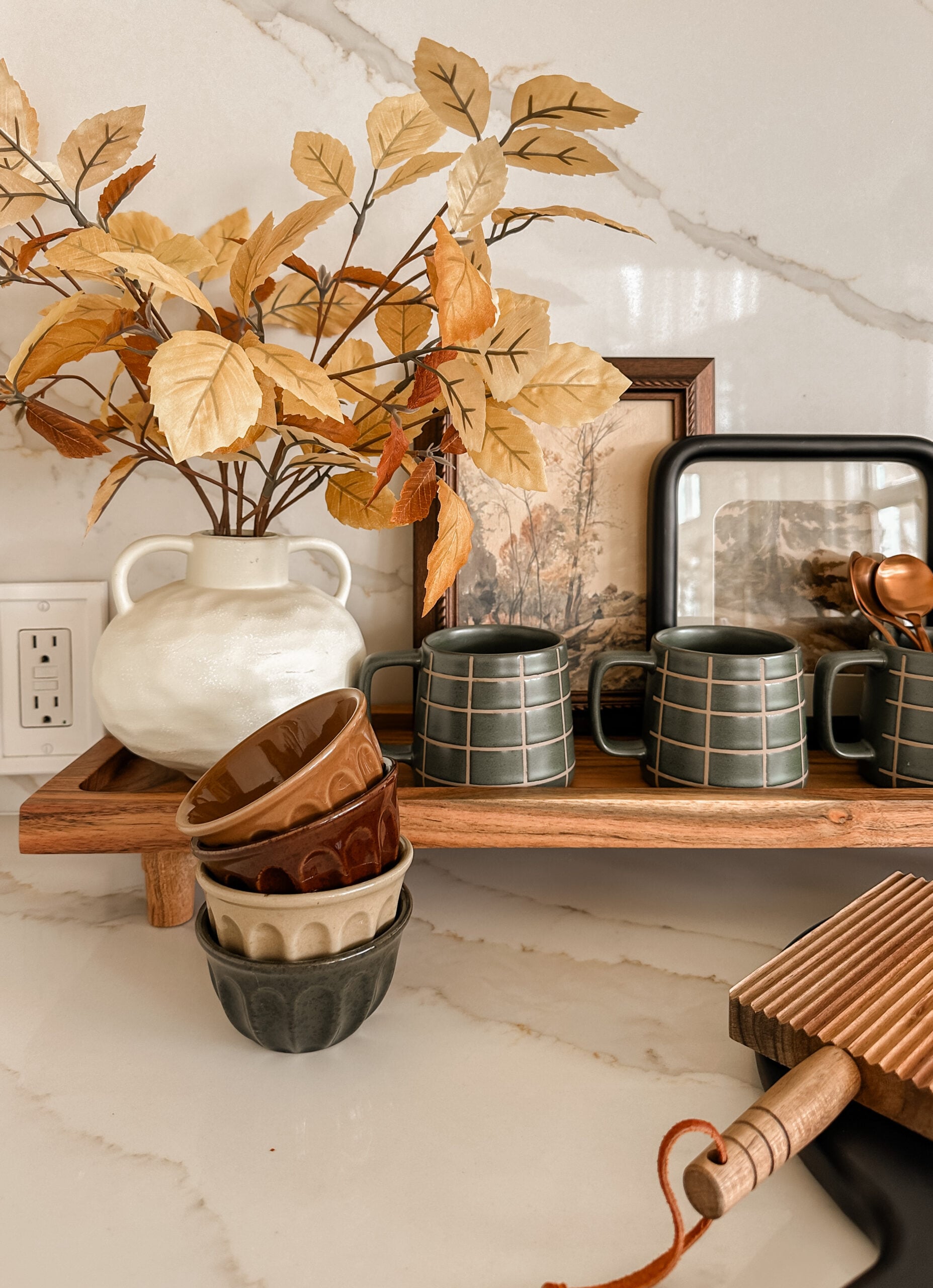 Fall Inspired Coffee Bar Idea. Cozy fall decor idea for kitchen.
